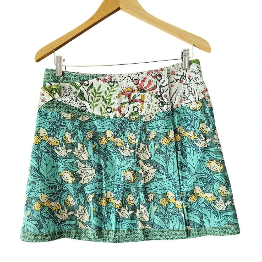 ASHA Floral Reversible Full Wrap Skirt‎ Pockets Teal Green Cotton Patchwork OSFM